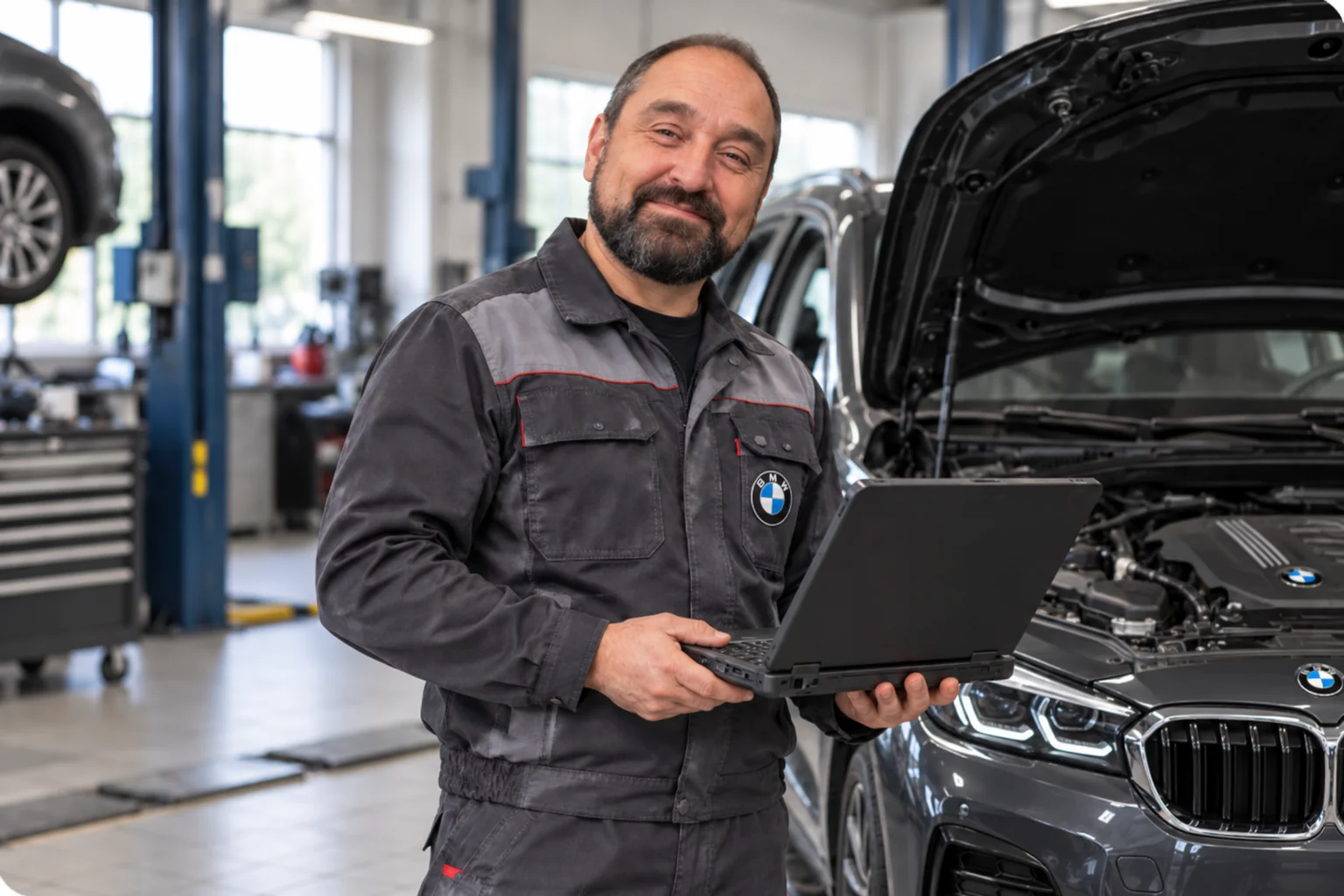 Алекс — технический эксперт Алекс с диагностическим ноутбуком возле BMW